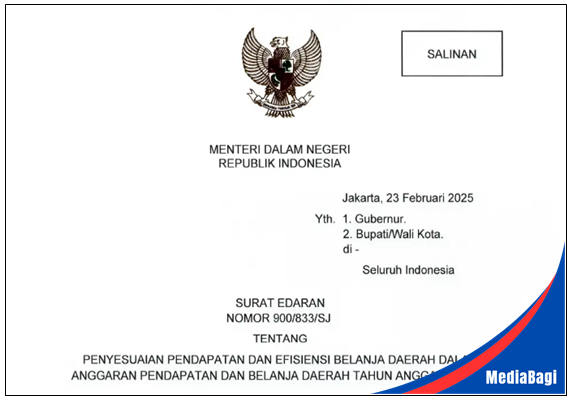 SE Mendagri tentang Efisiensi Belanja Daerah 2025 1 Surat Edaran Mendagri Nomor 900/833/SJ Tentang Penyesuaian Pendapatan dan Efisiensi Belanja Daerah Dalam APBD Tahun Anggaran 2025.