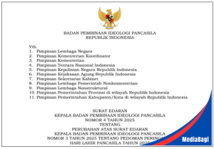 Surat Edaran Pedoman Peringatan Hari Lahir Pancasila 2025 1 Surat Edaran Kepala BPIP Nomor 4 Tahun 2025 tentang Perubahan Atas Surat Edaran Kepala BPIP Nomor 3 Tahun 2025 tentang Pedoman Peringatan Hari Lahir Pancasila Tahun 2025